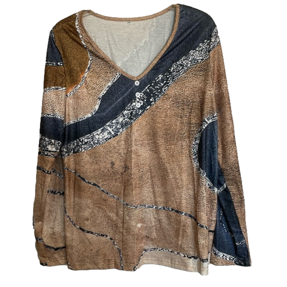 Abstract Pattern V-neck Loose Fit Top, Women’s L, Brown White Blue